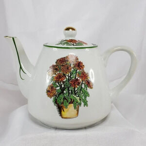 Vintage Enesco Teapot Chrysanthemum Flowers Rustic Kitchen Farmhouse Fall